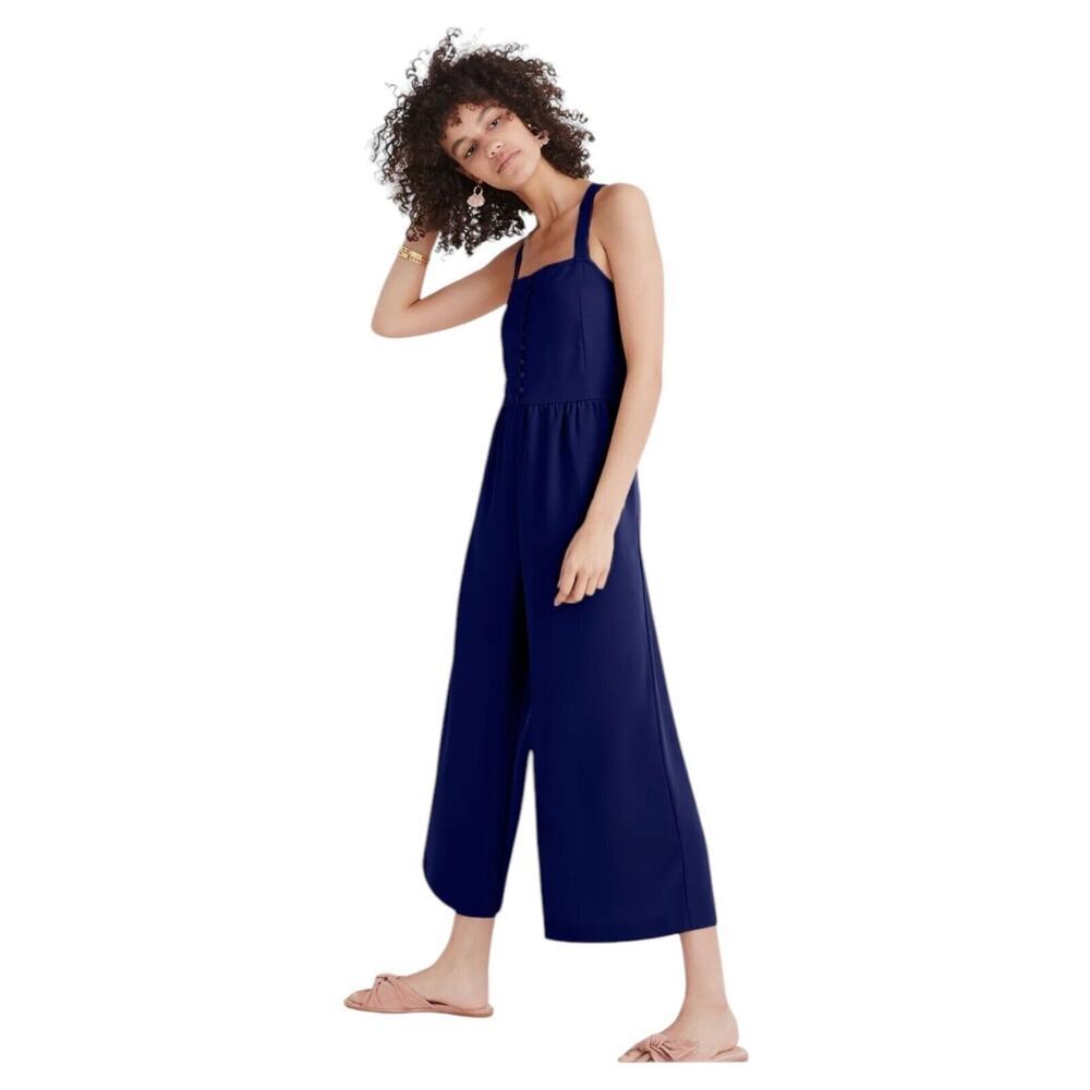 Madewell Jumpsuit Womens Size 2 Navy Blue Smocked Button-Front Wide Leg Cropped
